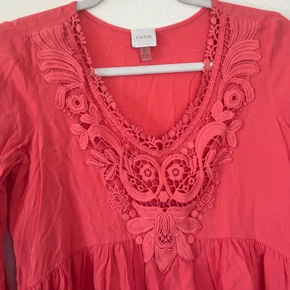 Cupio Red Salmon Crochet Tunic Blouse Lace Bell Sleeve Boho S - Picture 3 of 9